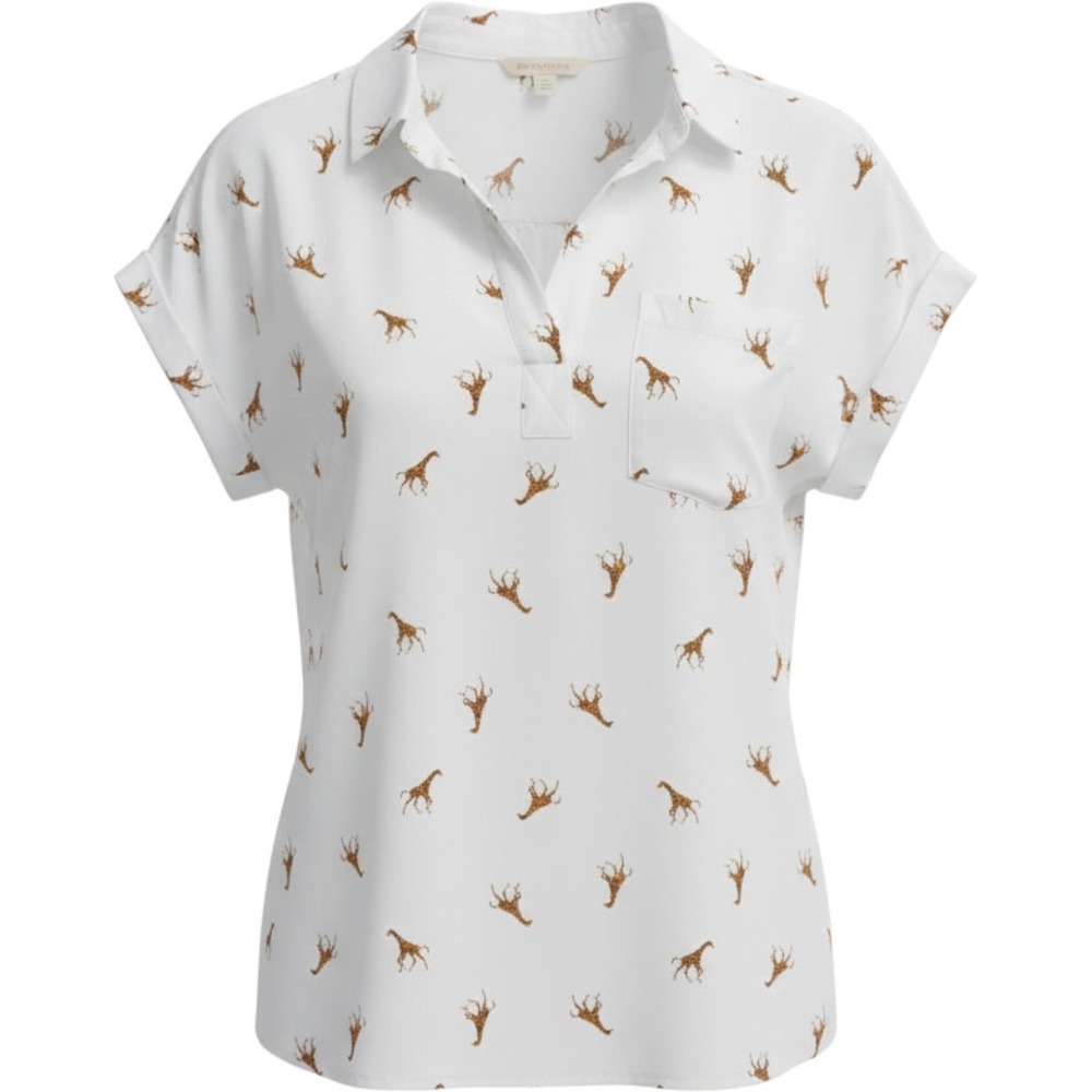 Rose and Delancy Women White Giraffe Print Short Sleeve Rayon Blouse Large